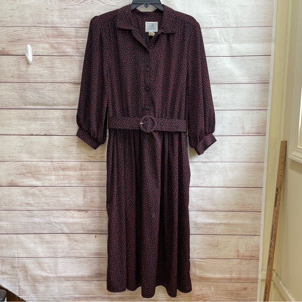 VINTAGE SABINO BLACK‎ AND RED FLORAL MIDI DRESS